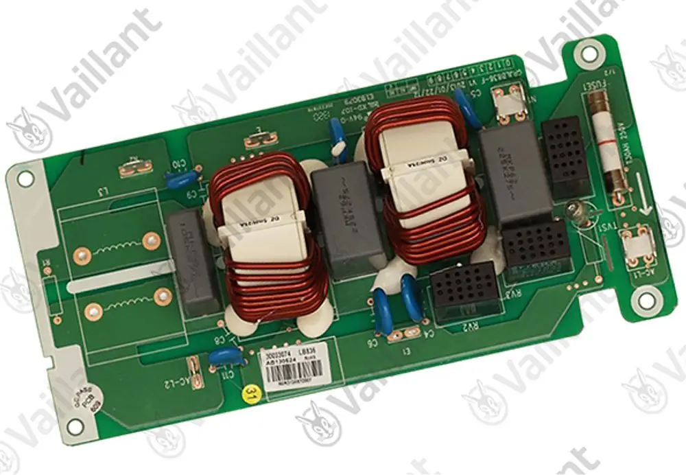 Leiterplatte von Vaillant mit Spulen und Relais, verwendet in einem Entstörfilter. Auf der Platine befinden sich elektronische Komponenten und Anschlüsse.